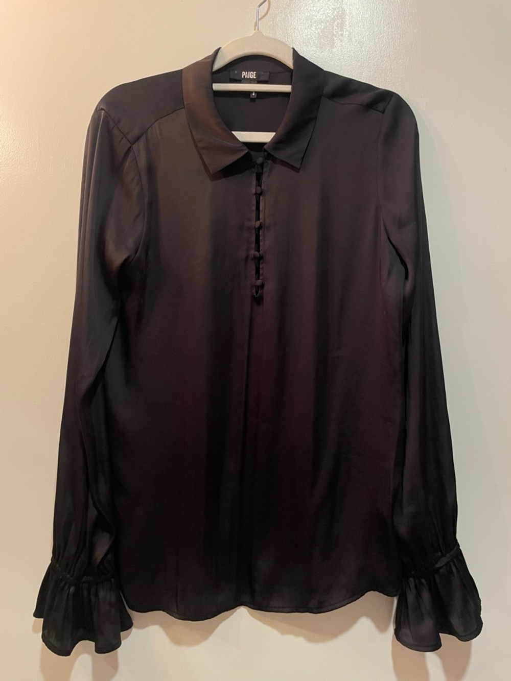 PAIGE Black Silky Satin Long Sleeve Blouse - Size Small